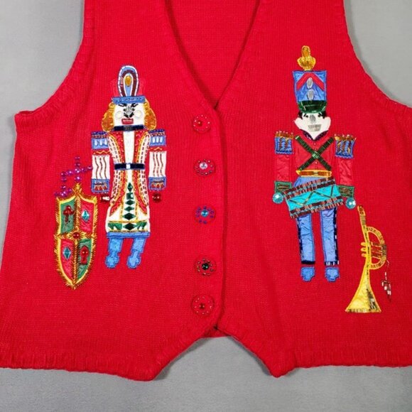 VTG Victoria Woman Holiday Sweater Vest 2X Red Embroidered Nutcracker Christmas - Picture 2 of 9